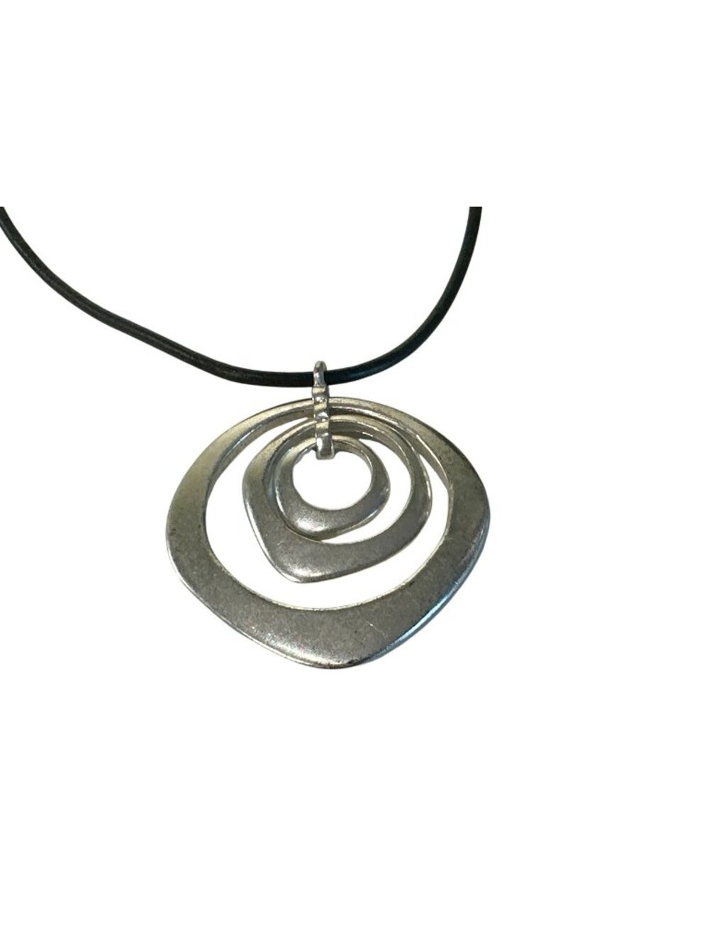 Modern Black Leather Cord Necklace Silver Abstract Pendant Adjustable Boho Artsy